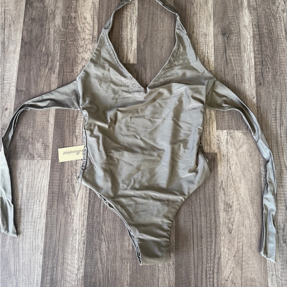 Bellissima Swimsuit NWT Swarovski Crystals Vneck One Piece Gray/Brown Wms Med - Picture 3 of 7